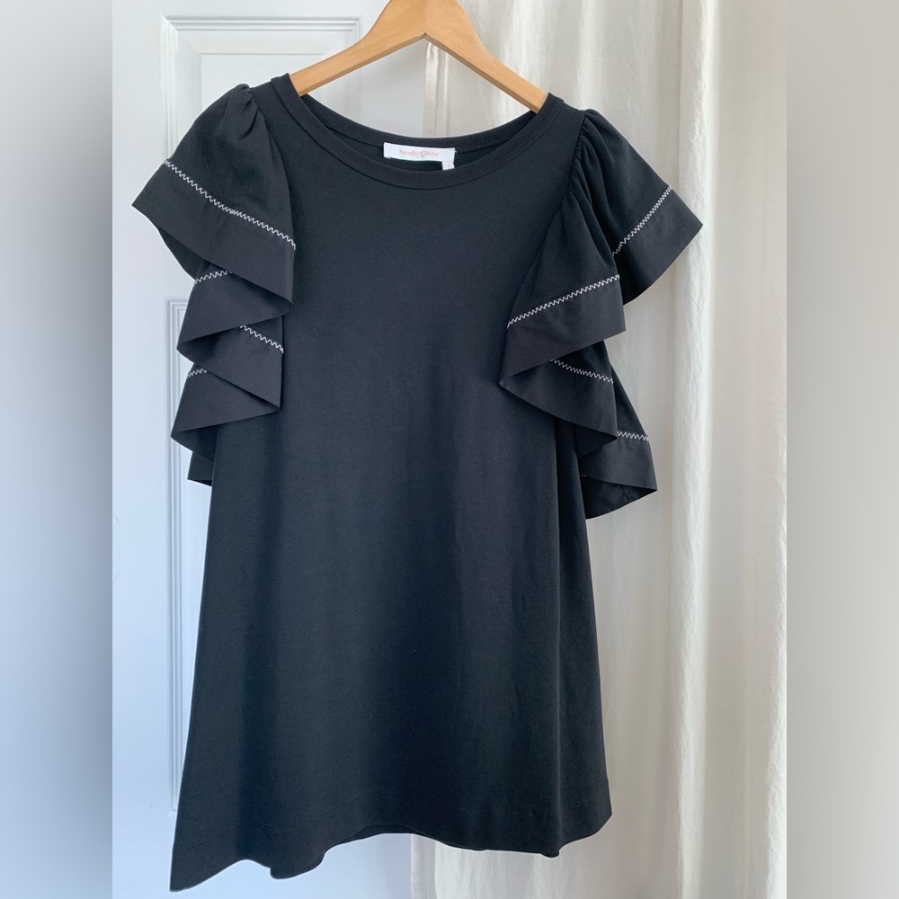 See By Chloé Black Ruffle Sleeve Mini Dress